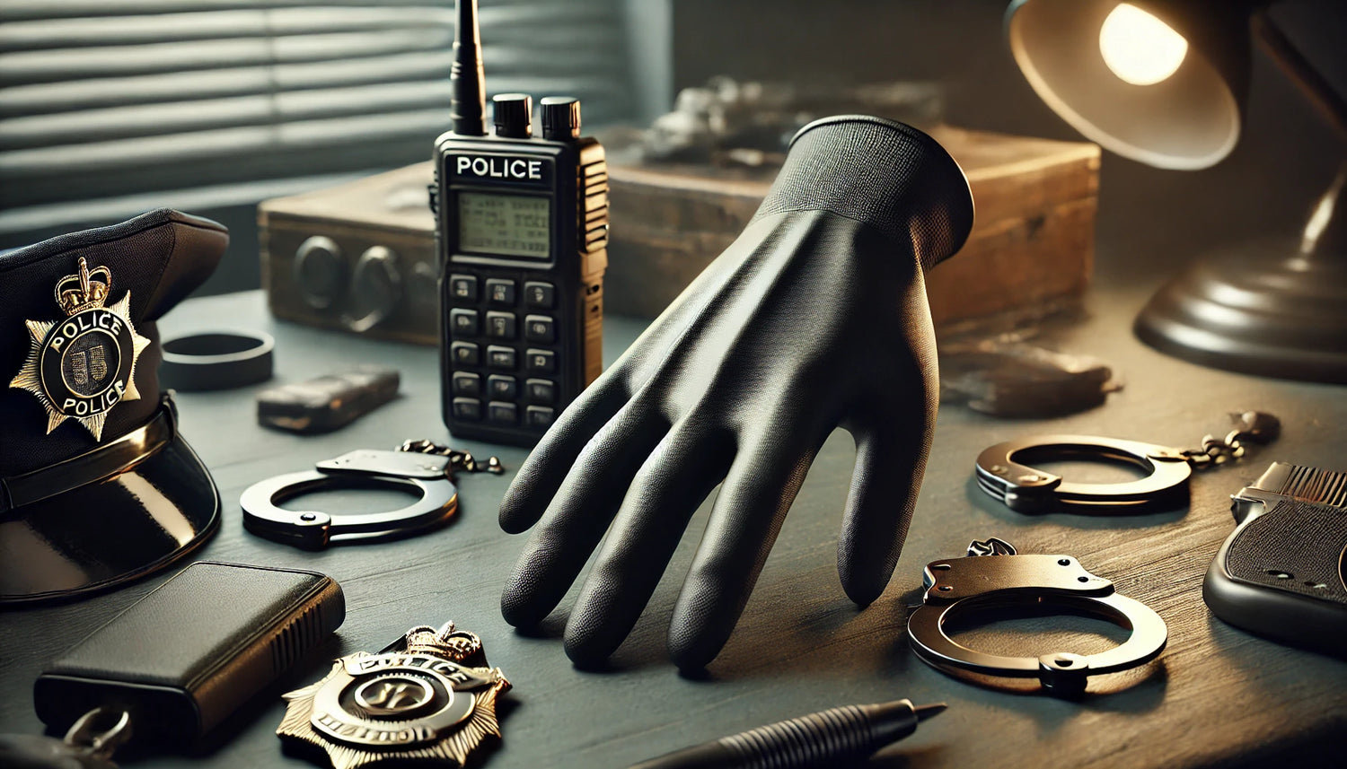 a black nitrile glove being used in a law enforcement context