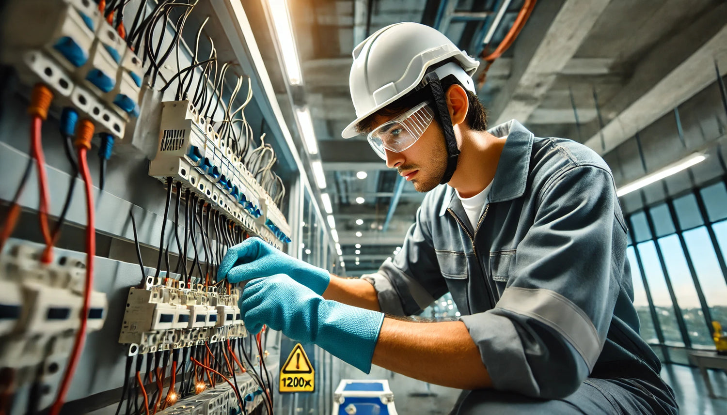 a worker man is using a nitrile glove to work with electricity
