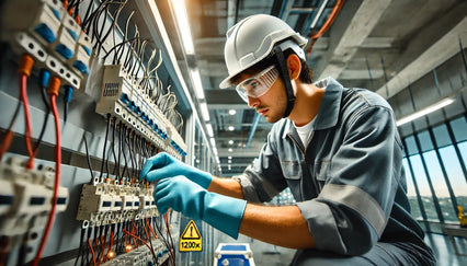 a worker man is using a nitrile glove to work with electricity