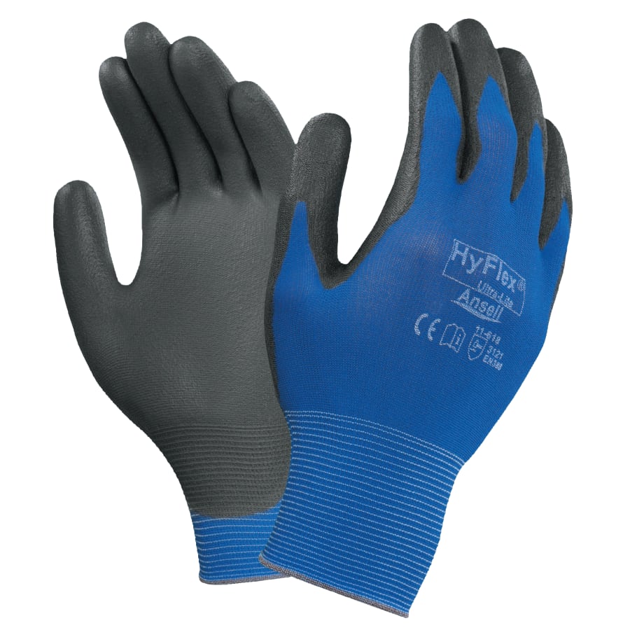 HYFLEX 11-618 Polyurethane Palm Coated Gloves, Size 11, Black/Dark Blue, 12PK, 012-11-618-11