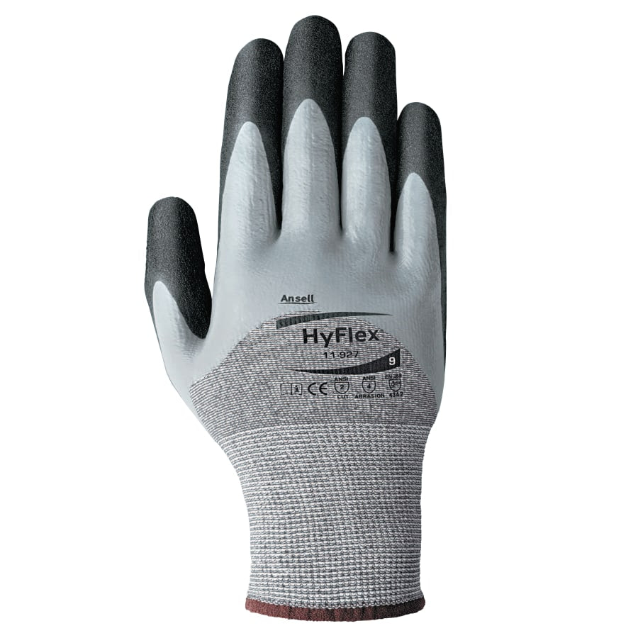 HYFLEX 11927 15 GA GY HDPE LNR LTGY NIT PLM - 11-927 Oil and Cut Resistant Gloves, Gray/Black