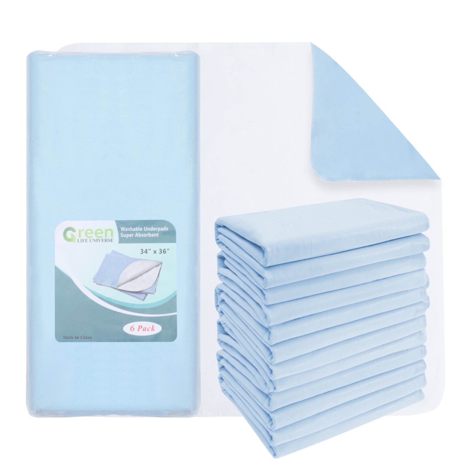 BLUE WASHABLE UNDERPADS 34”x36“ - Incontinence Bed Pads Large Washable Underpads Reusable Waterproof Pee Pad Puppy for Adults Human Dog Bed Cat Pet Elderly Green Life Universe 6 Pack