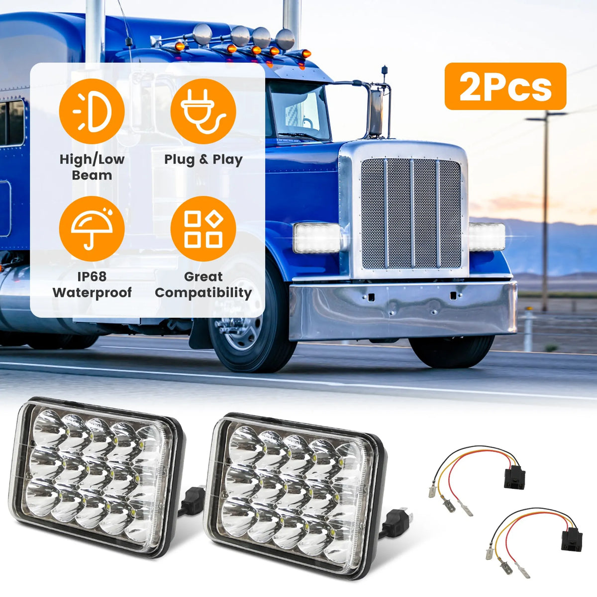 4x6in Car LED Headlights Vehicle Rectangular Headlamp