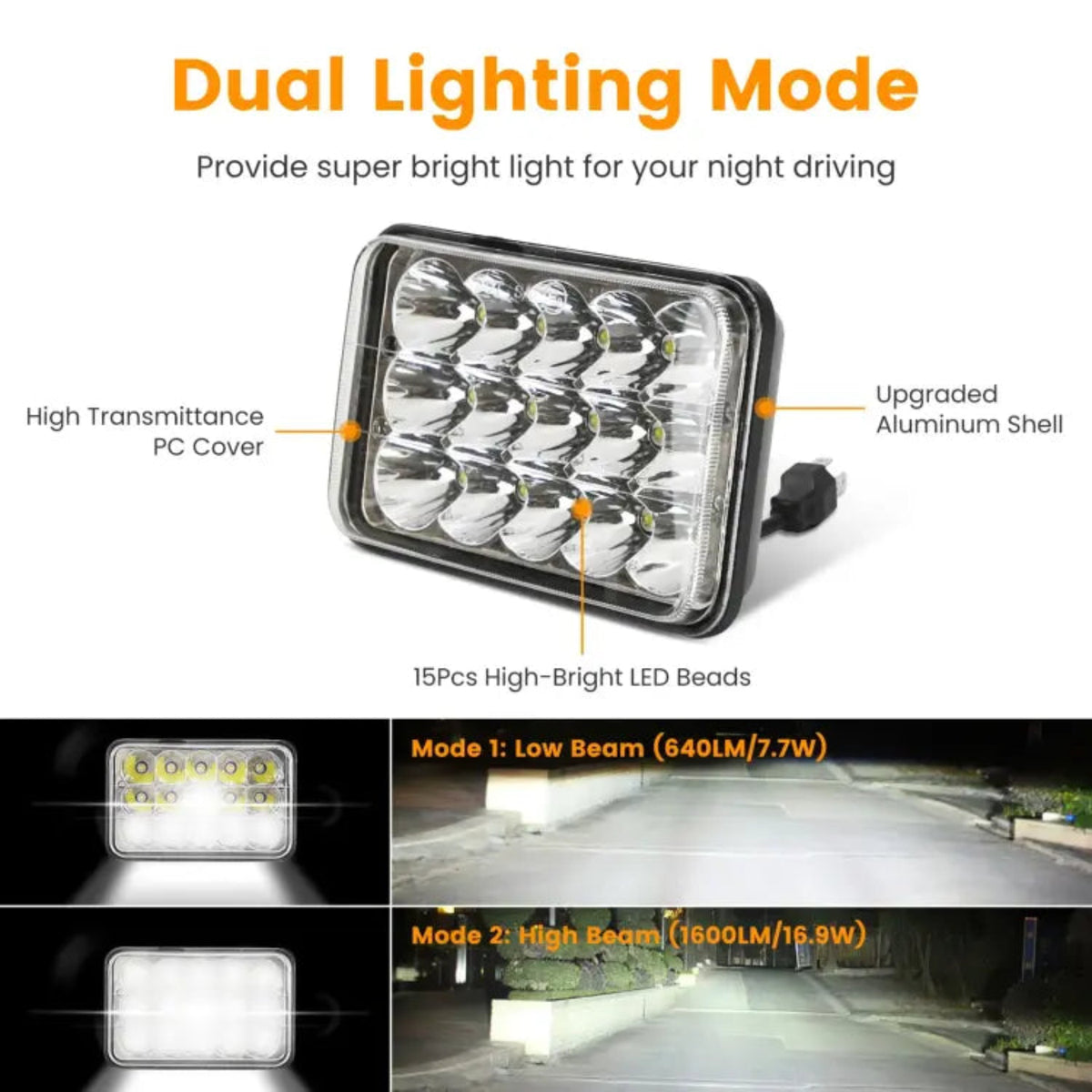 4x6in Car LED Headlights Vehicle Rectangular Headlamp