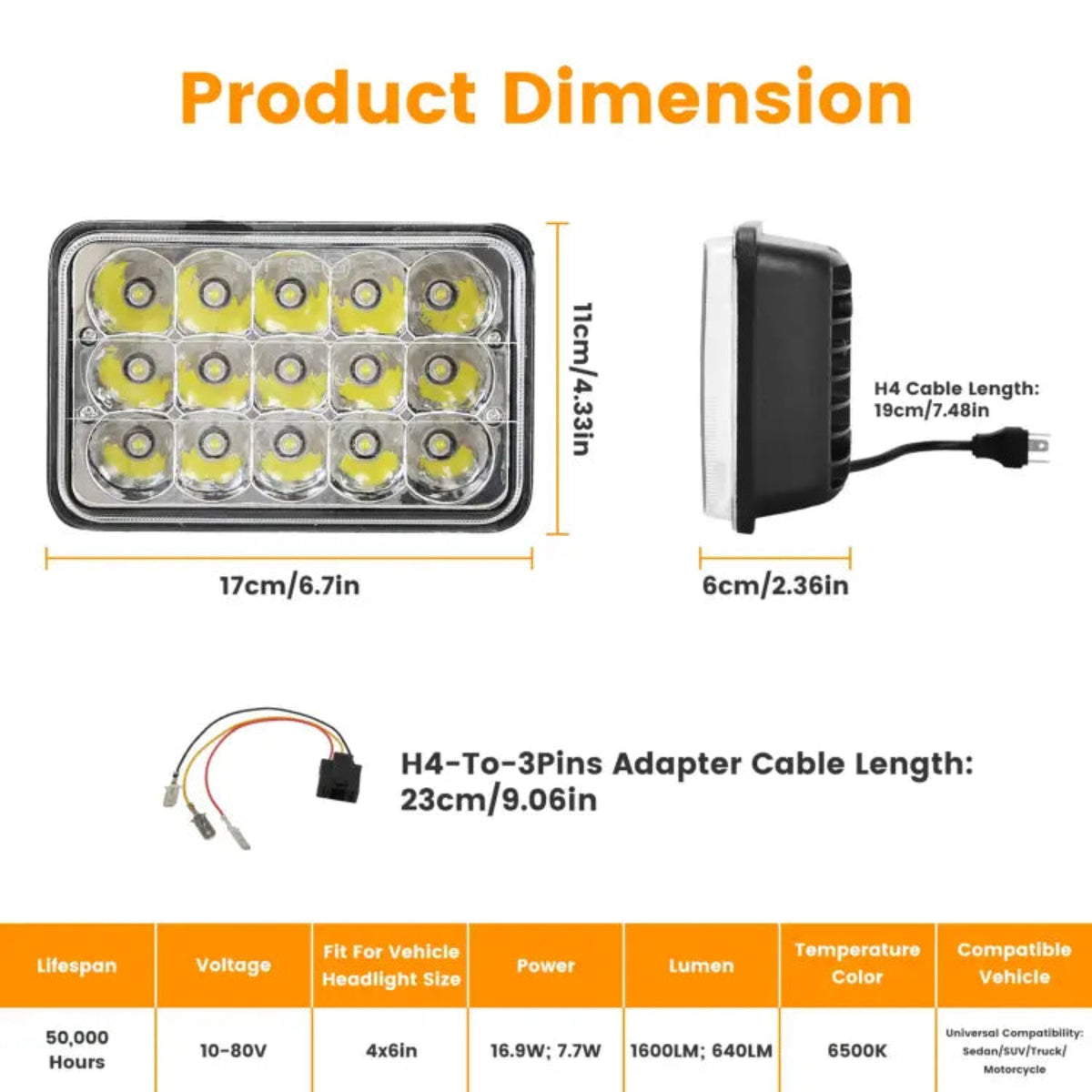 4x6in Car LED Headlights Vehicle Rectangular Headlamp