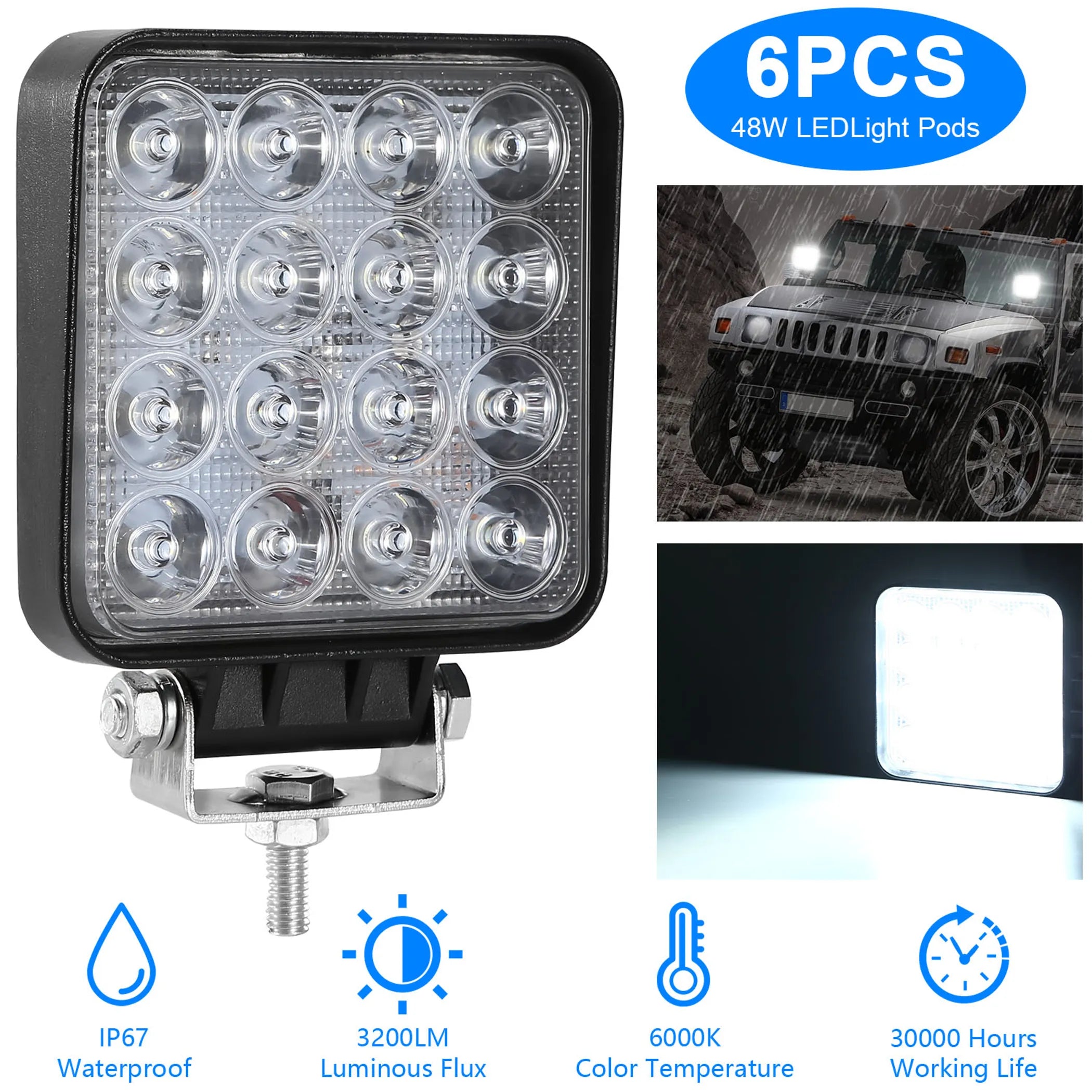 6PCS 48W LED Work Light Pod Offroad Spot Lights