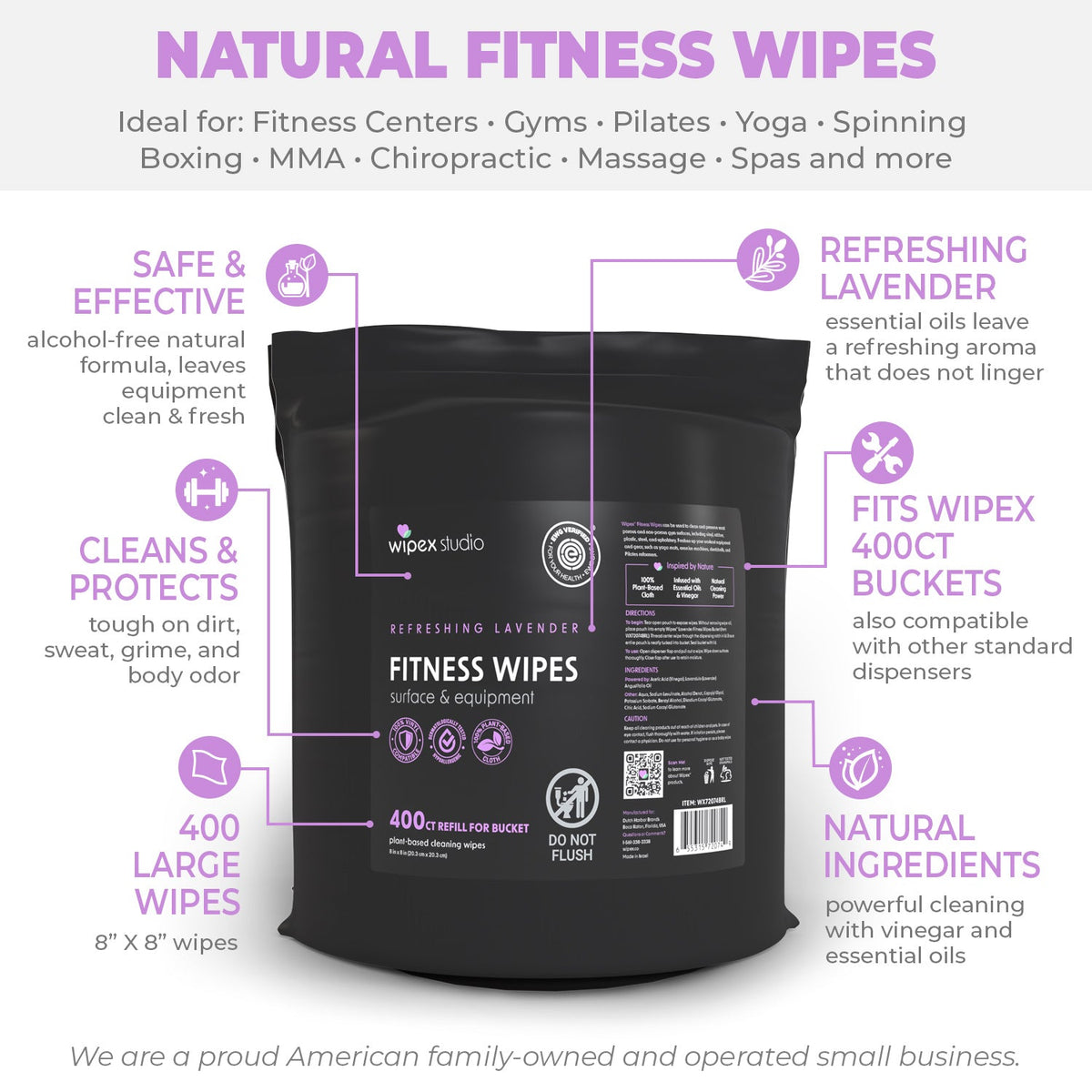 Wipex 400ct Natural Gym Wipes for Fitness Equipment | Portable Dispensing Bucket or Refill | Plant-Based