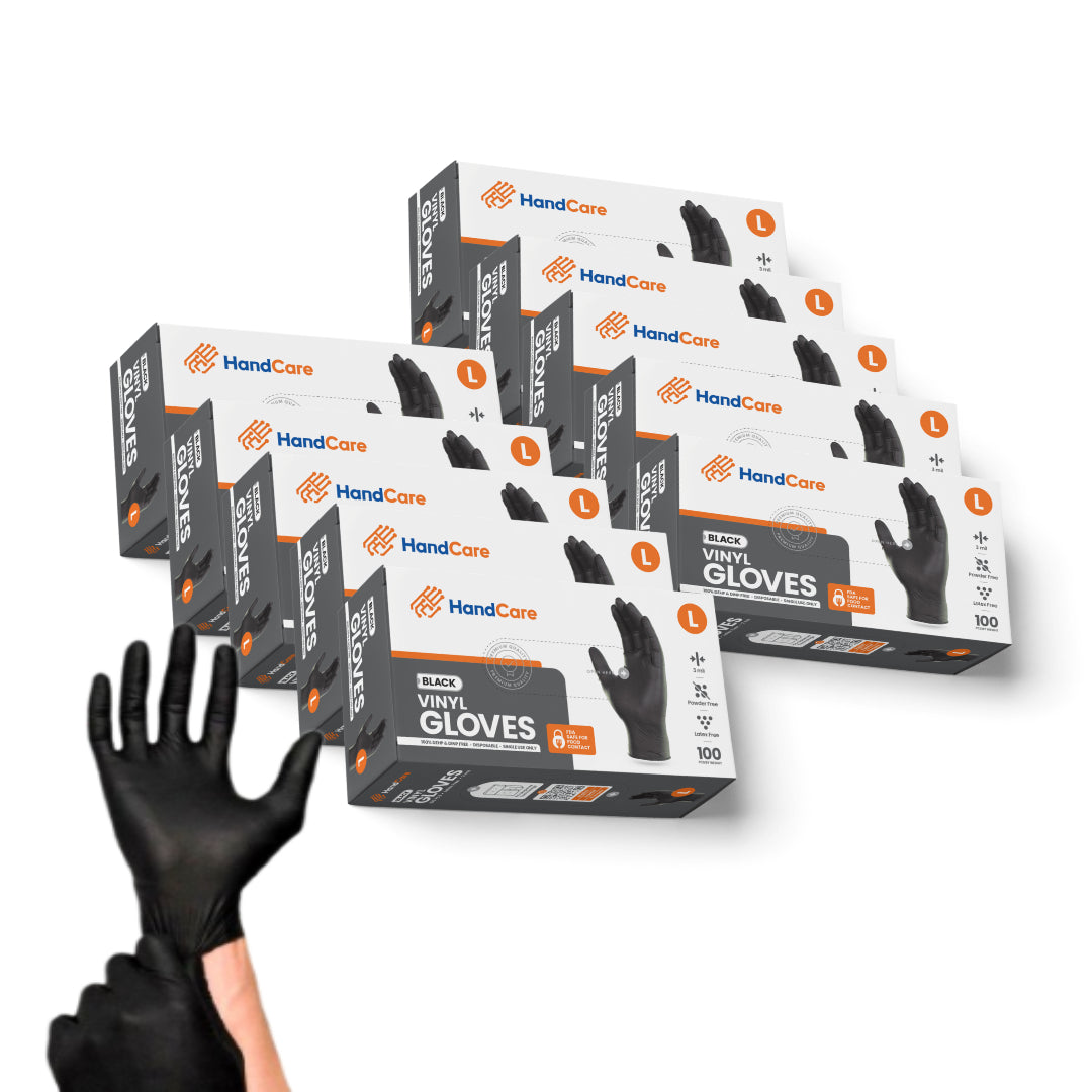 HandCare Black Vinyl Gloves - Powder Free (3 Mil), 1,000 Gloves - 20 CASES (BULK)