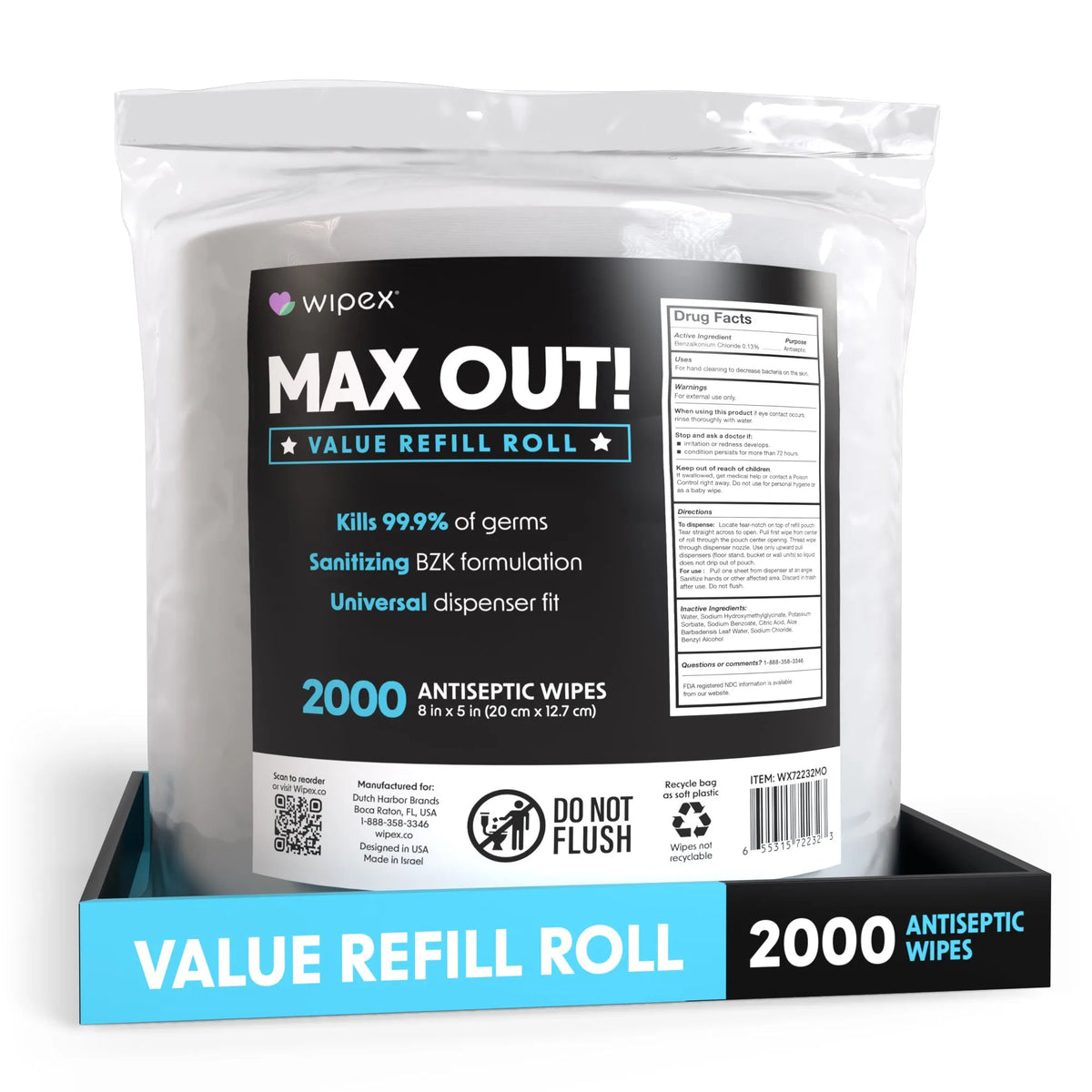 MAX OUT!® Economy 2000ct BZK Sanitizing Wipes Value Refill Roll – Lint-Free, Alcohol-Free