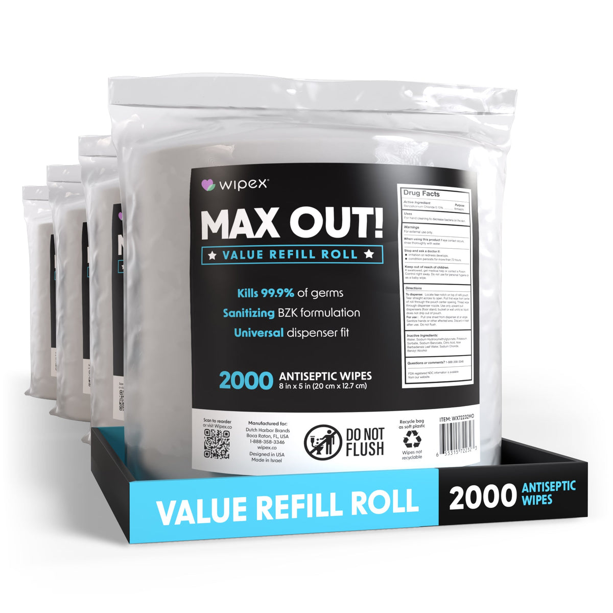 MAX OUT!® Economy 2000ct BZK Sanitizing Wipes Value Refill Roll – Lint-Free, Alcohol-Free