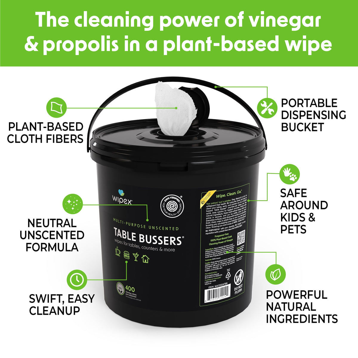 Wipex® Table Bussers® Natural Unscented Cleaning Wipes for Home & Food Service | Plant-Based | Portable Bucket