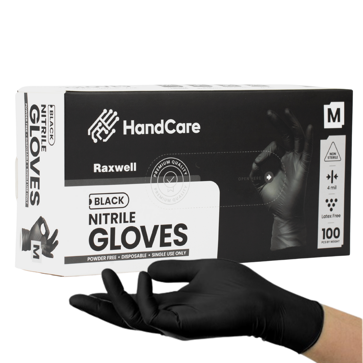 HandCare Black Nitrile Gloves - Exam Grade, Powder Free (4 Mil), 100 Gloves (1 Box)