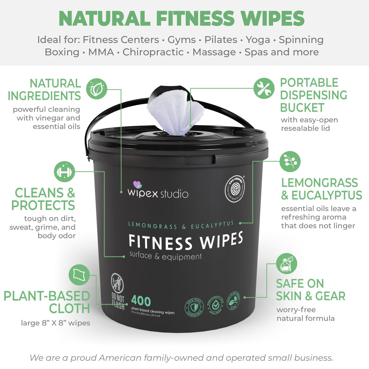 Wipex 400ct Natural Gym Wipes for Fitness Equipment | Portable Dispensing Bucket or Refill | Plant-Based