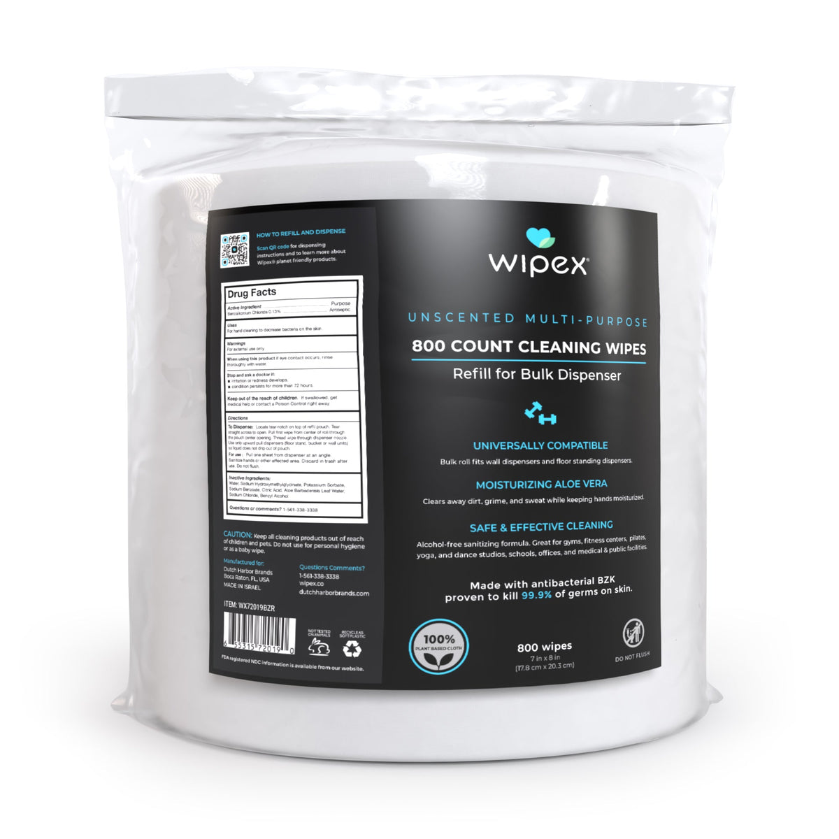 Wipex® 800ct Bulk Antibacterial Wipes Refill Roll | Skin-Safe Sanitizing Wipe | TÜV-Certified Plant-Based Cloth
