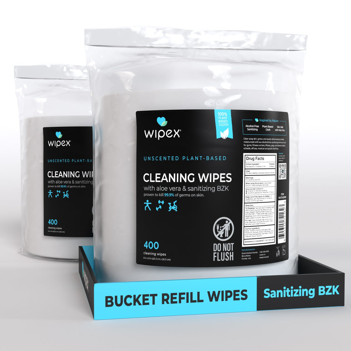 Wipex® Bulk Antibacterial Wipes Portable Dispensing Bucket 400ct | Skin-Safe Sanitizing Wipe | TÜV-Certified Plant-Based Cloth