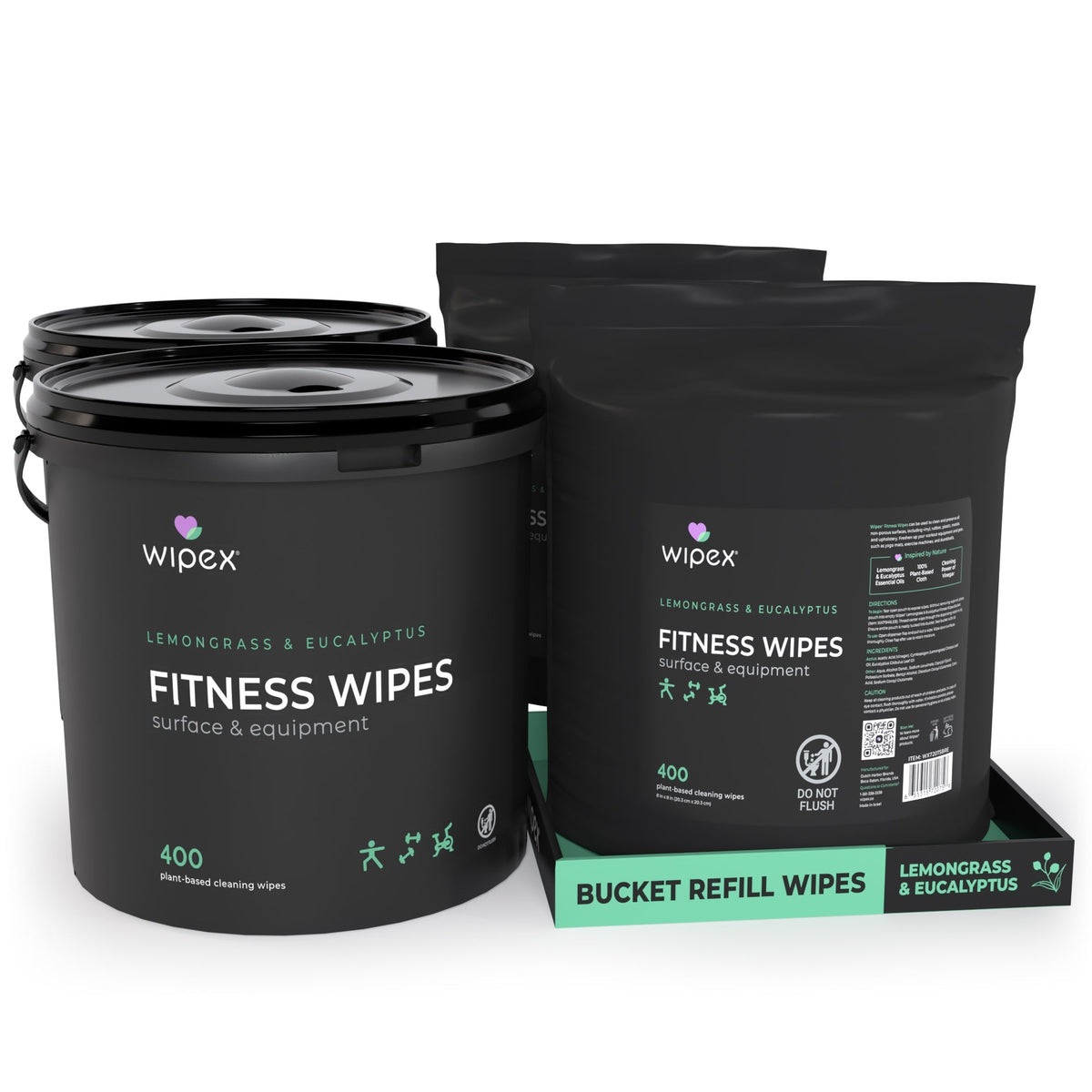 Wipex Natural Gym Wipes Starter Bundle | Dispenser Bucket with Refill | Plant-Based Wipes for Fitness Equipment