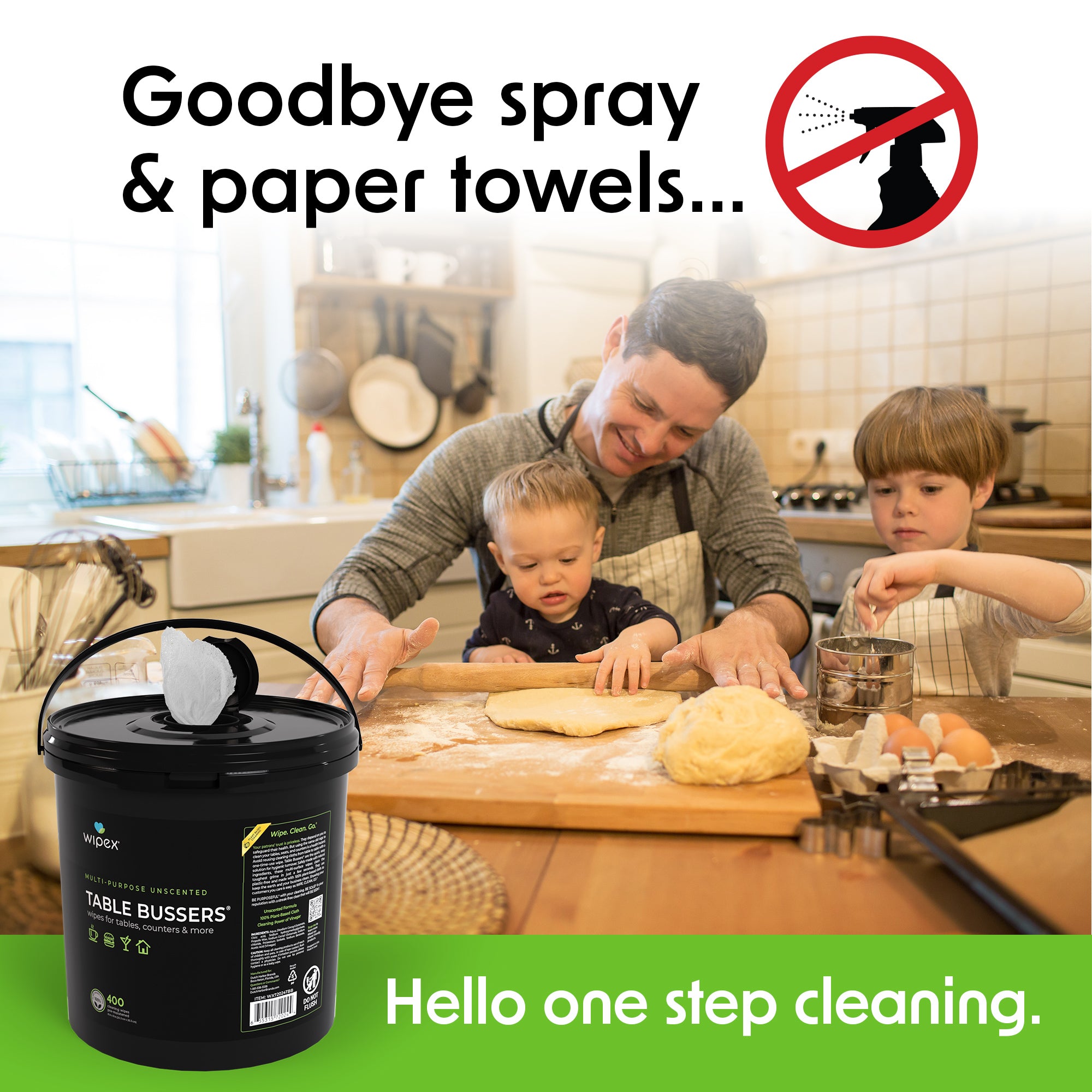 Wipex® Table Bussers® Natural Unscented Cleaning Wipes for Home & Food Service | Plant-Based | Portable Bucket