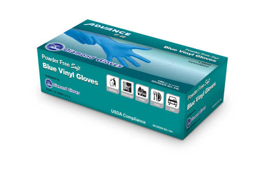 1 box of ADVANCE Powder Free Blue Vinyl Gloves