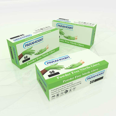 3 boxes of green Paramount, Powder Free, Nitrile Glove.