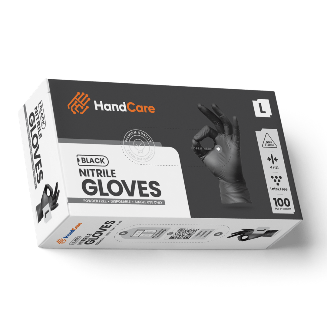 HandCare Black Nitrile Gloves - Exam Grade, Powder Free (4 Mil), 100 Gloves (1 Box)