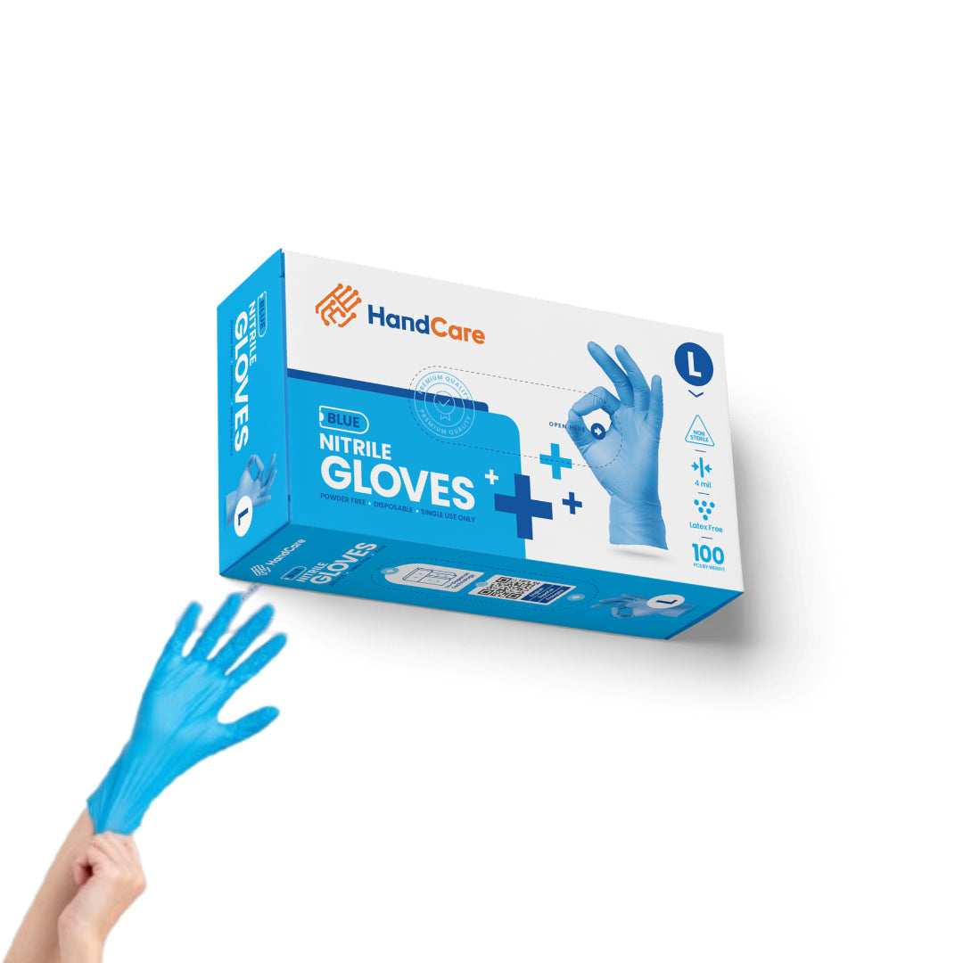 HandCare Blue Nitrile Gloves - Exam Grade, Powder Free (4 Mil) 100 Gloves (1 Box)
