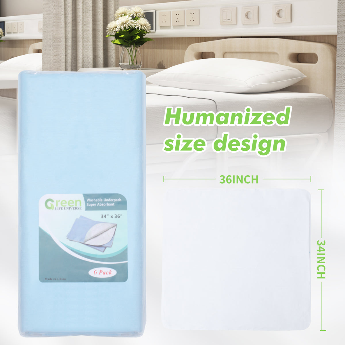BLUE WASHABLE UNDERPADS 34”x36“ - Incontinence Bed Pads Large Washable Underpads Reusable Waterproof Pee Pad Puppy for Adults Human Dog Bed Cat Pet Elderly Green Life Universe 6 Pack