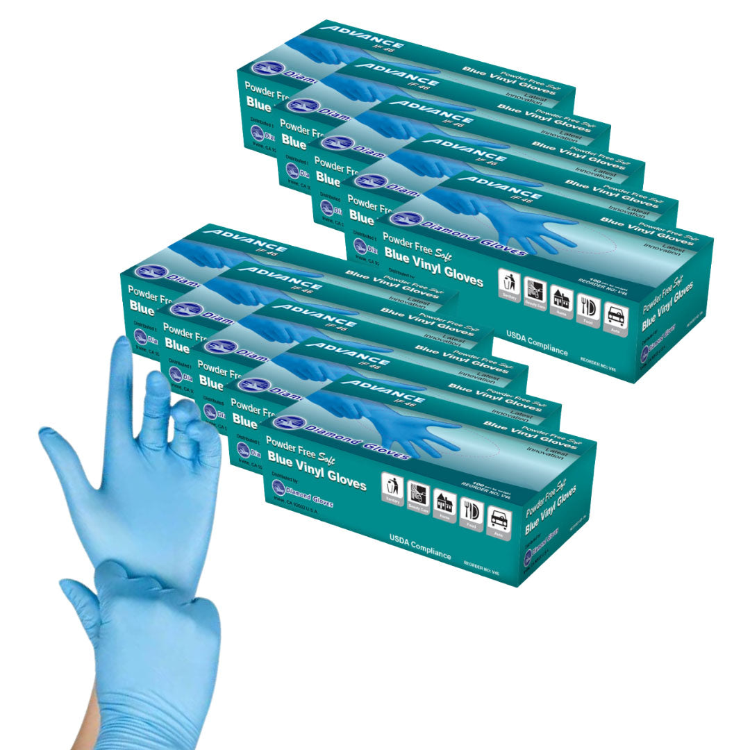 ADVANCE Blue Vinyl Gloves (Powder Free) when worn with 10 boxes behind