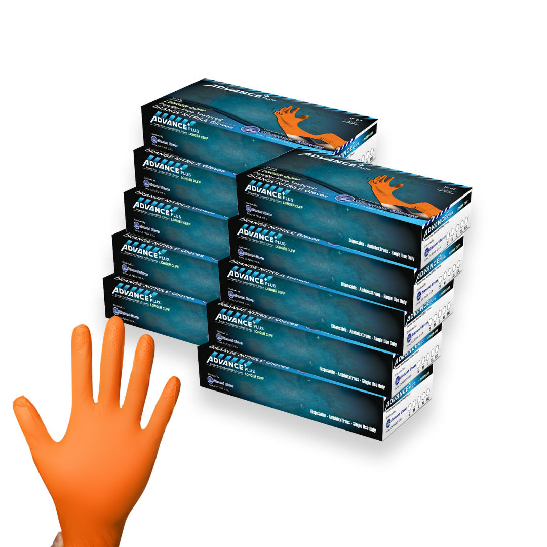 10 boxes of ADVANCE Plus Orange Nitrile Gloves in 6 Mil thickness and when worn on hand