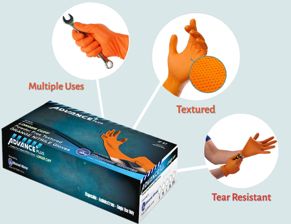 ADVANCE Plus Orange Nitrile Gloves showing multiple uses, textured, and tear resistant features