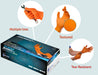 ADVANCE Plus Orange Nitrile Gloves showing multiple uses, textured, and tear resistant features