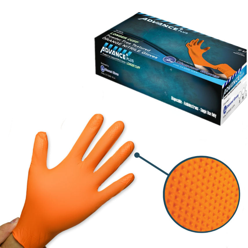1 box of ADVANCE Plus Orange Nitrile Gloves and when worn showing the textured fingers for enhanced grip