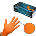 1 box of ADVANCE Plus Orange Nitrile Gloves and when worn showing the textured fingers for enhanced grip