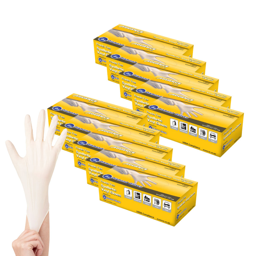 10 boxes of white ADVANCE synthetic vinyl gloves and when worn in the hand