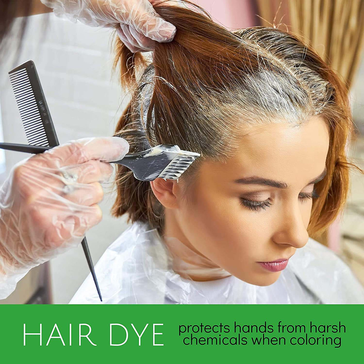 a hair stylist wearing vinyl gloves while applying hair dye and hair treatment to a client