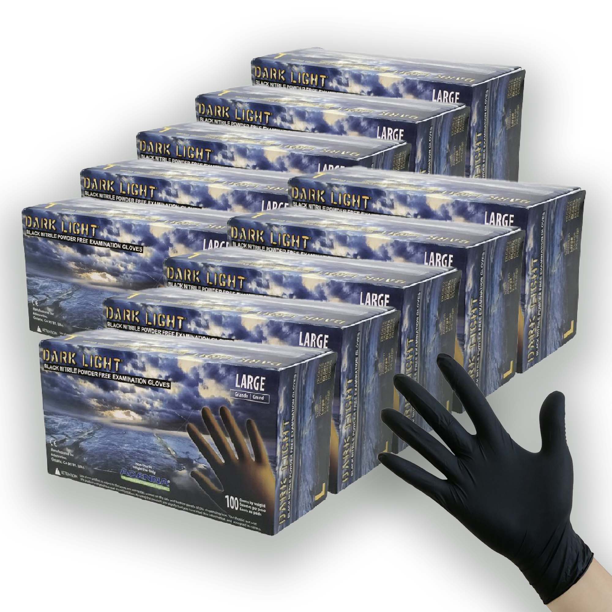 10 boxes of Dark Light Black Gloves (powder free and examination grade) in 9 mil thickness