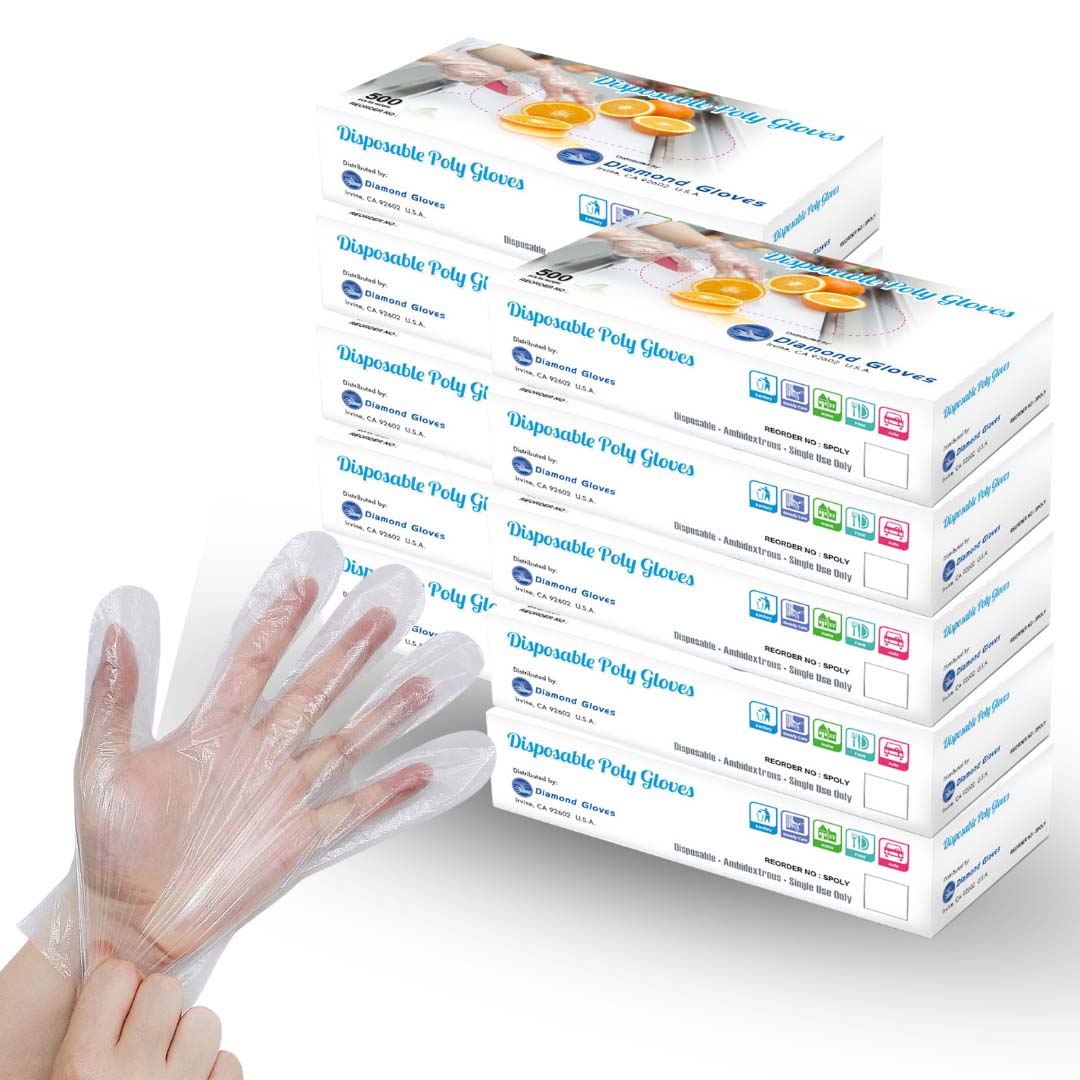 Disposable Polyethylene Gloves when worn in the hand with 10 boxes in the back