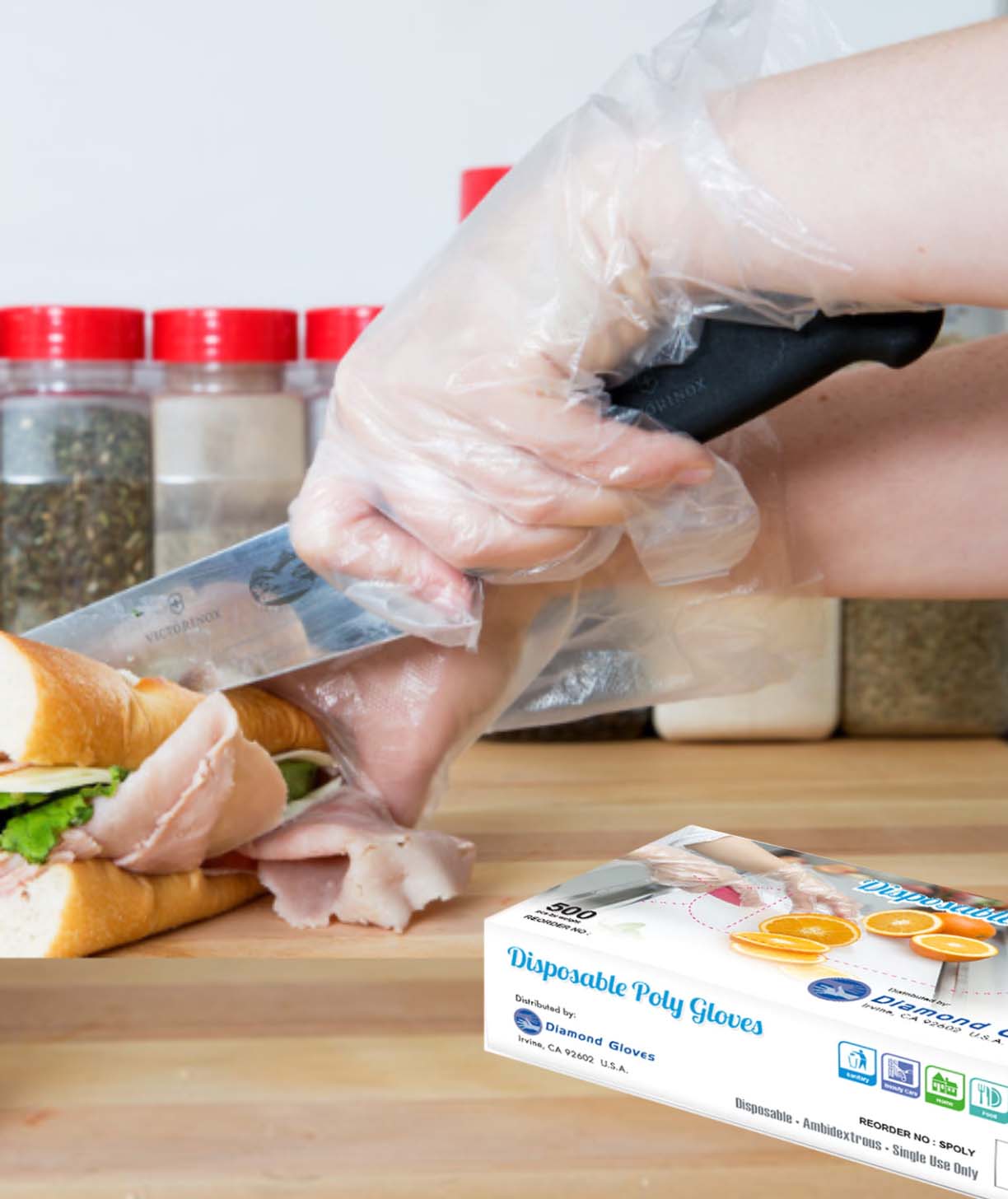 person wearing disposable clear polyethylene gloves while slicing a meal