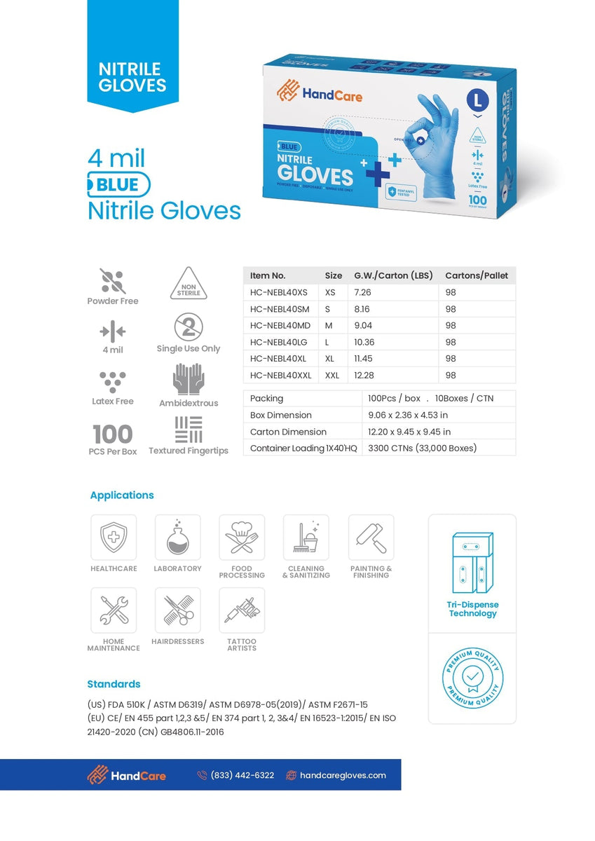 HandCare Blue Nitrile Gloves - Exam Grade, Powder Free (4 Mil) 100 Gloves (1 Box)