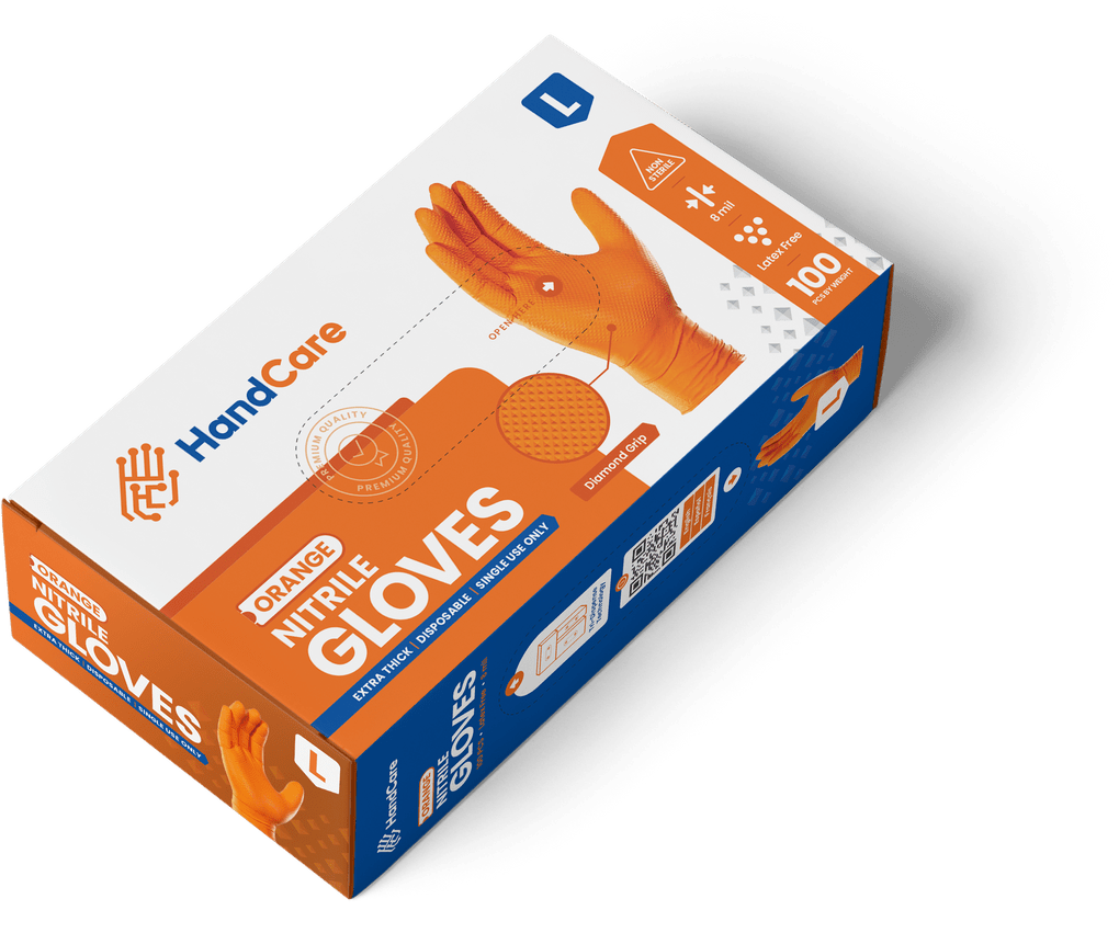 Handcare Orange Nitrile Gloves - Powder Free (8 Mil) - BOX