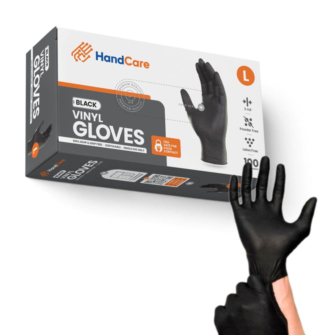 HandCare Black Vinyl Gloves - Powder Free (3 Mil), 100 Gloves