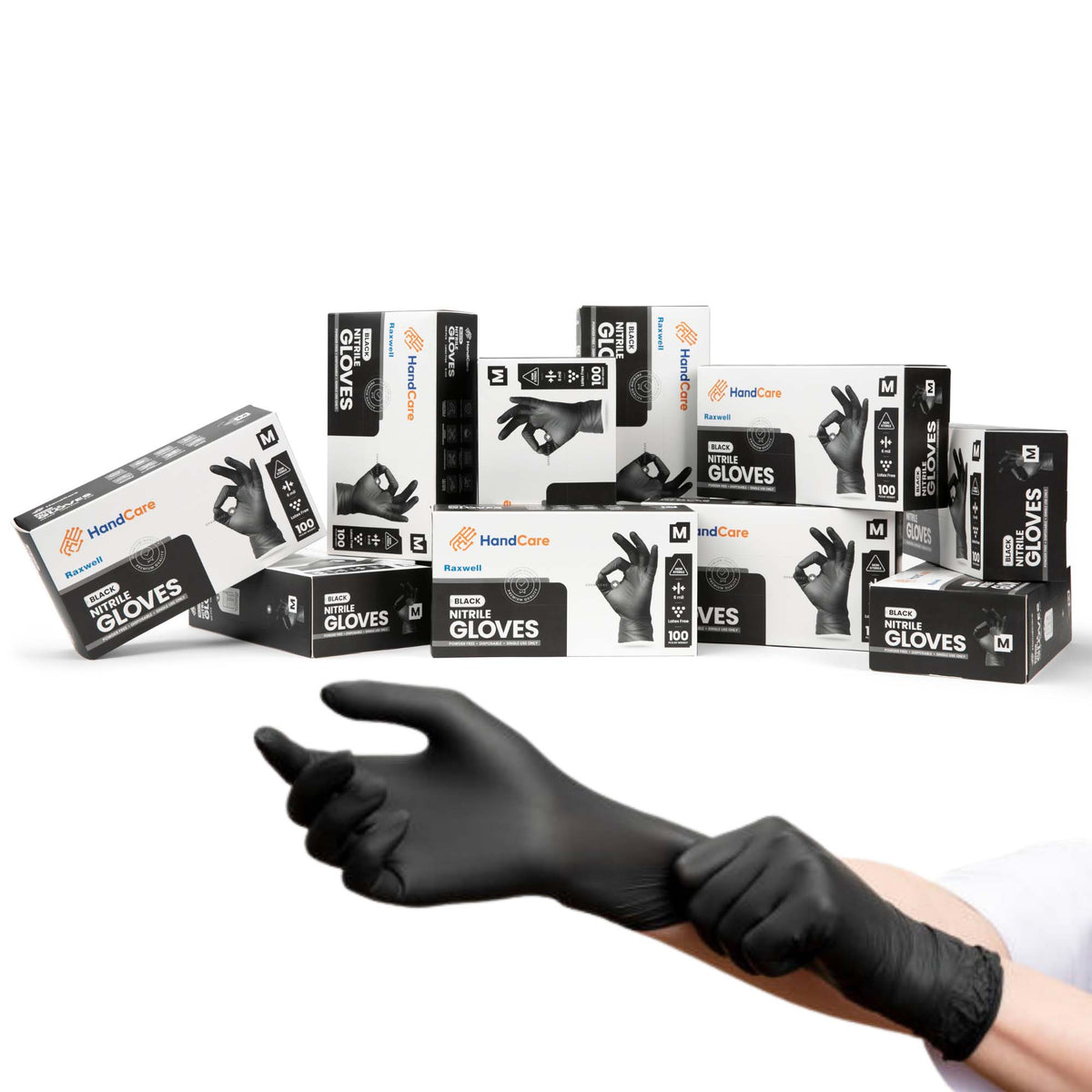 10 boxes of HandCare Black Nitrile Gloves and when worn on hands