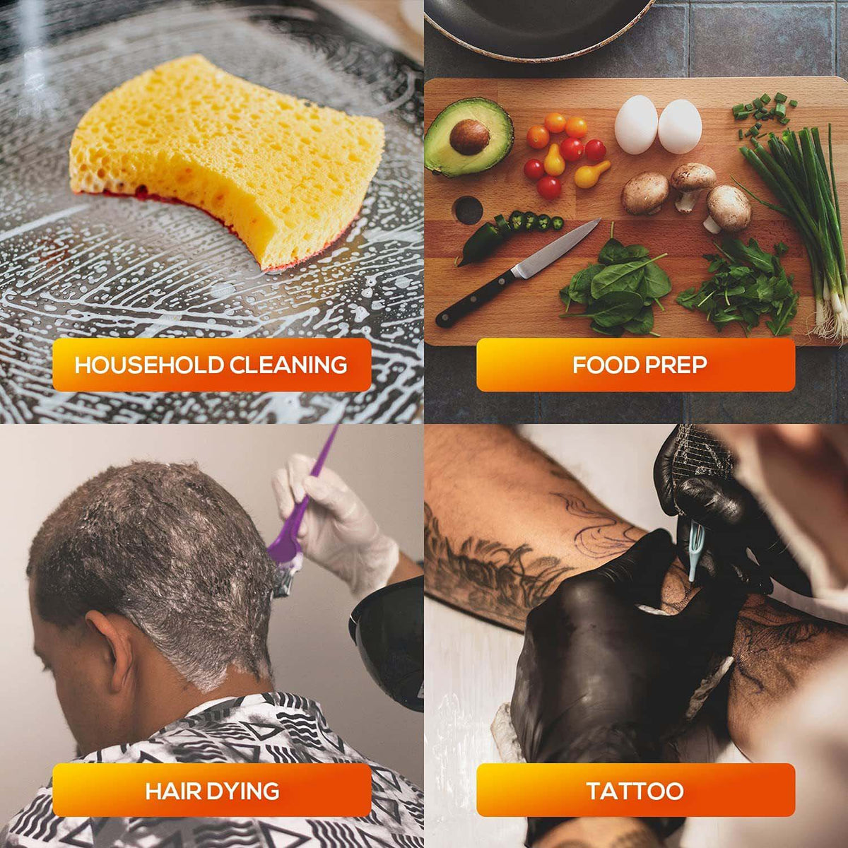 different uses for HandCare Black Vinyl Gloves like cleaning, preparing food, hair dying, and doing tattoo
