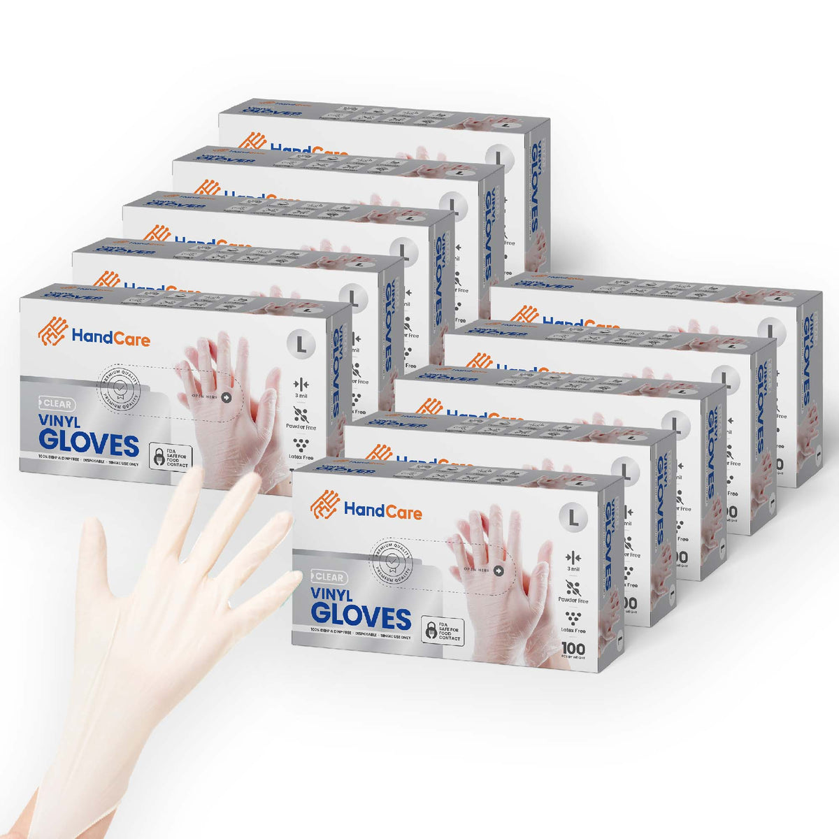 10 boxes of HandCare Vinyl Gloves (Clear) and when worn on hand