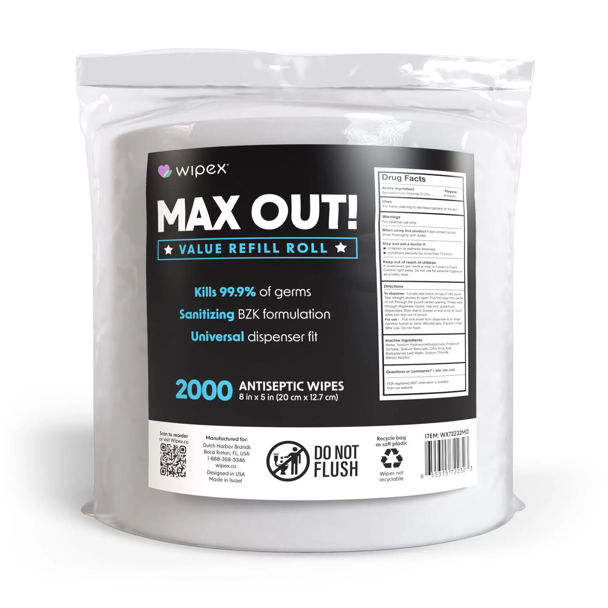 MAX OUT!® Economy 2000ct BZK Sanitizing Wipes Value Refill Roll – Lint-Free, Alcohol-Free
