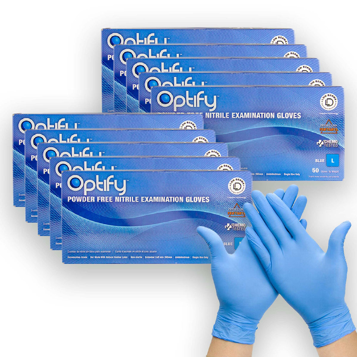 10 boxes of heavy-duty Optify Blue Nitrile Gloves in 9 mil thickness
