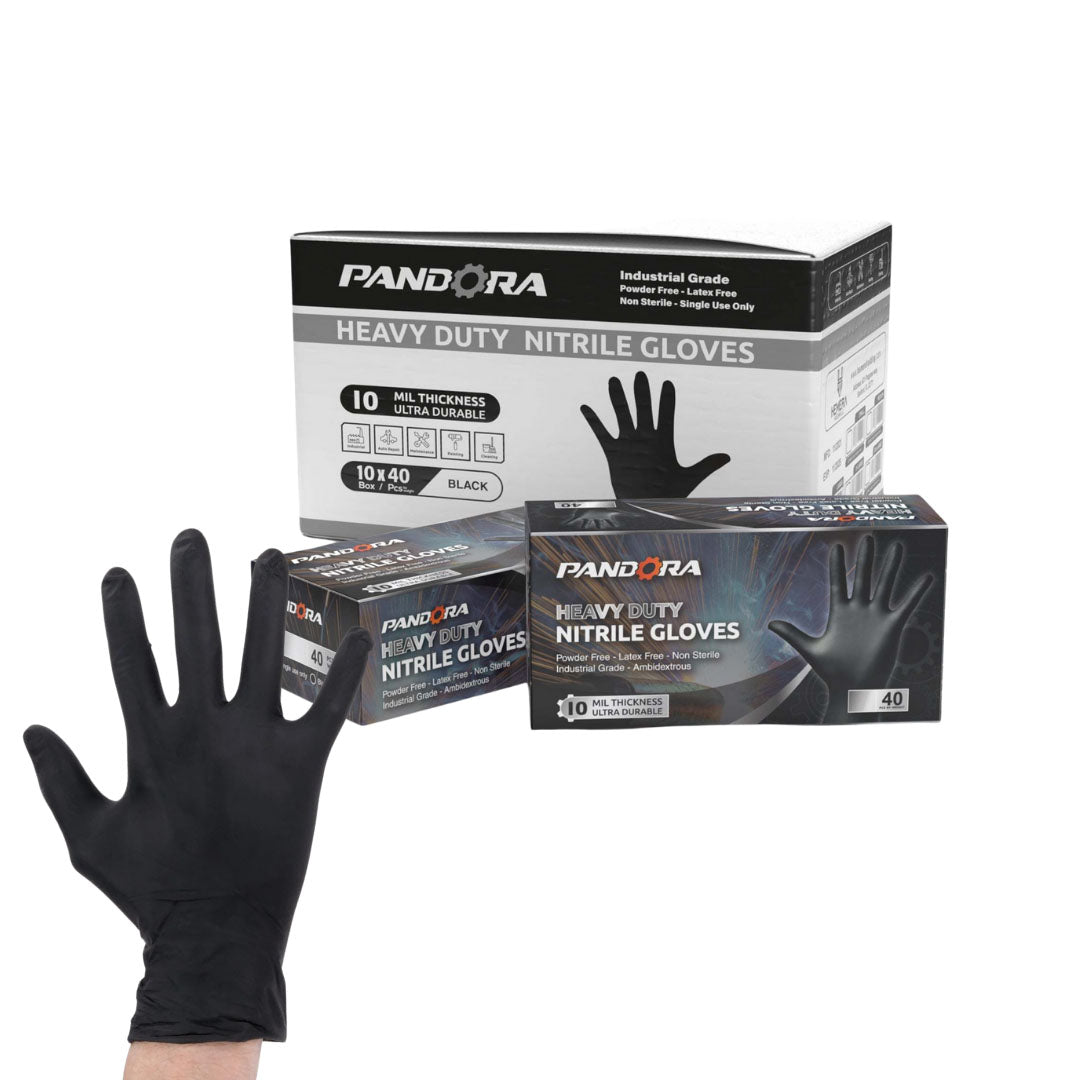 Pandora Heavy Duty Black Nitrile Gloves - Powder Free (10 Mil), 400 Gloves