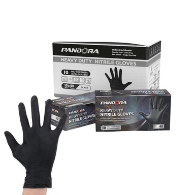3 boxes of Pandora Heavy Duty and Powder Free Black Nitrile Gloves in 10 Mil thickness and when worn in the hands