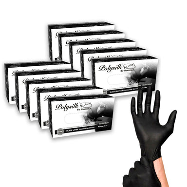 10 boxes of Polysilk by Shamrock Black Latex Exam and Powder Free Gloves in 4 Mil thickness and when worn on hands