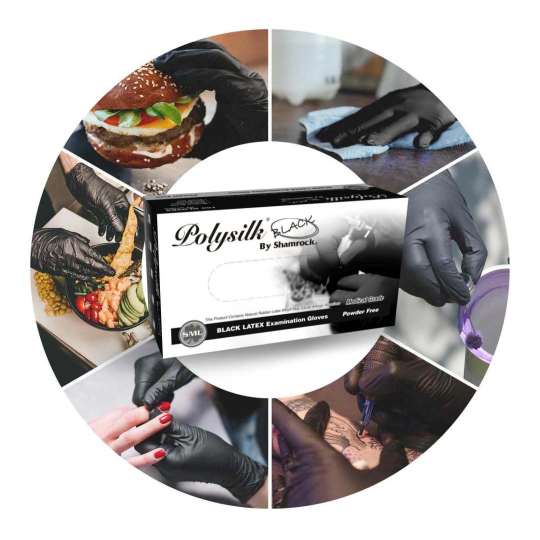 Polysilk by Shamrock Black Latex Gloves when worn in the hands while cooking, preparing food, cleaning, making tattoo, working on laboratory and doing nails.