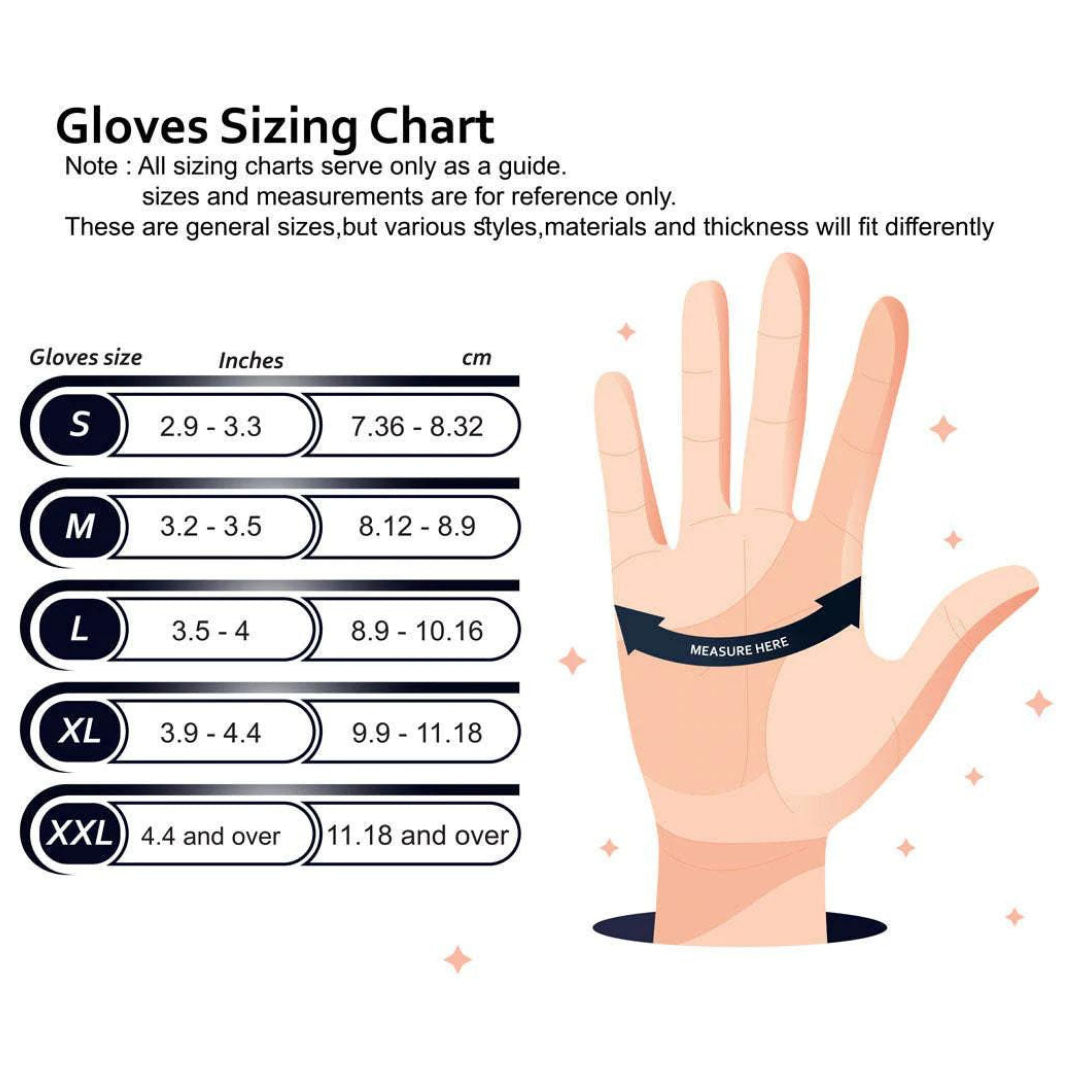 Gloves Sizing Chart from small, medium, large, extra large, and XXL
